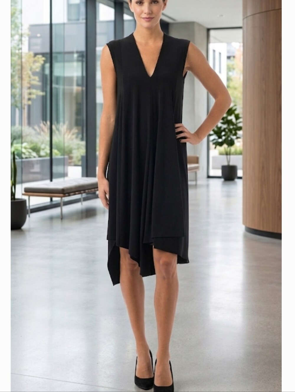 Joseph Ribkoff Asymmetric Hi-Low V-Neck Dress Black Sleeveless Size 8